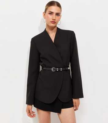 Black Collarless Belted Blazer