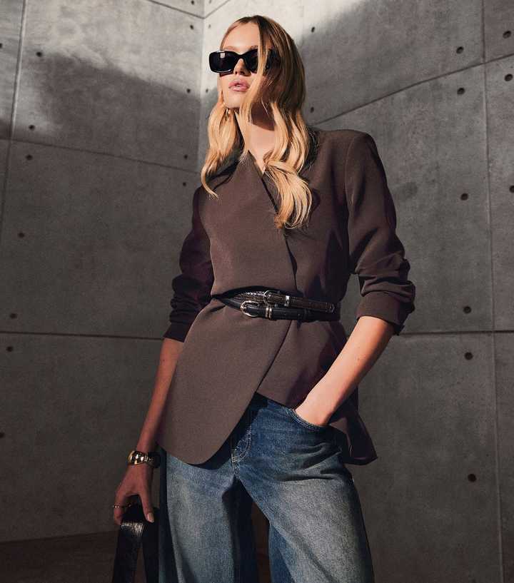 Dark Burgundy Collarless Belted Blazer