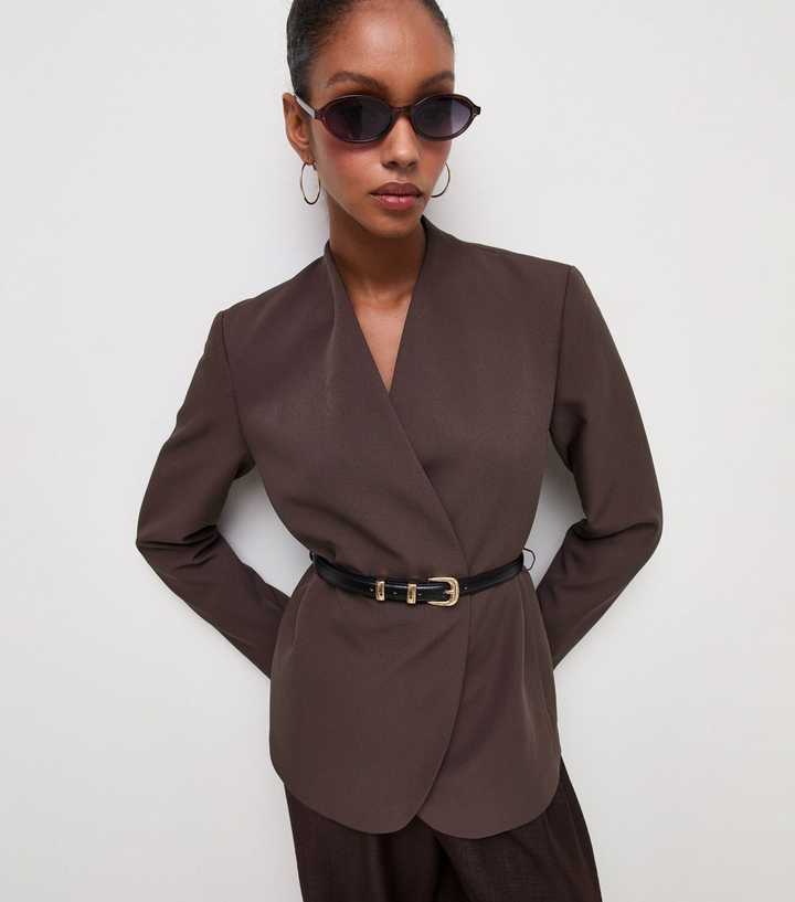 Dark Burgundy Collarless Belted Blazer