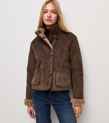 Dark Brown Faux Shearling Suede Short Coat