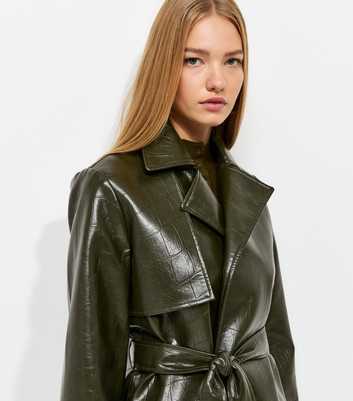 Dark Khaki Patent Faux Leather Crocodile Embossed Tie Waist Jacket