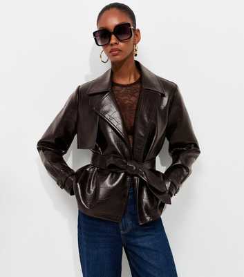 Dark Burgundy Patent Faux Leather Crocodile Embossed Tie Waist Jacket