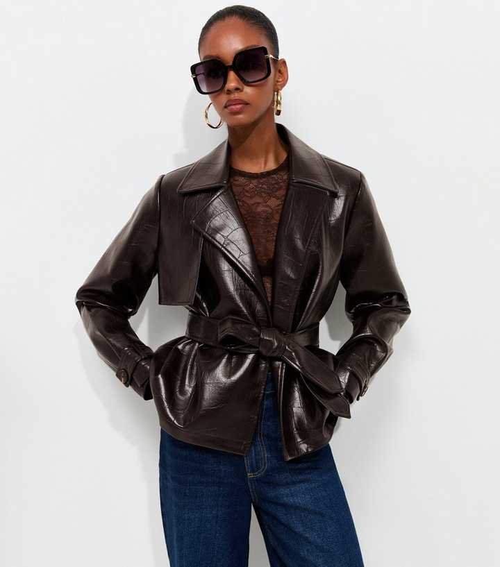 Dark Burgundy Patent Faux Leather Crocodile Embossed Tie Waist Jacket