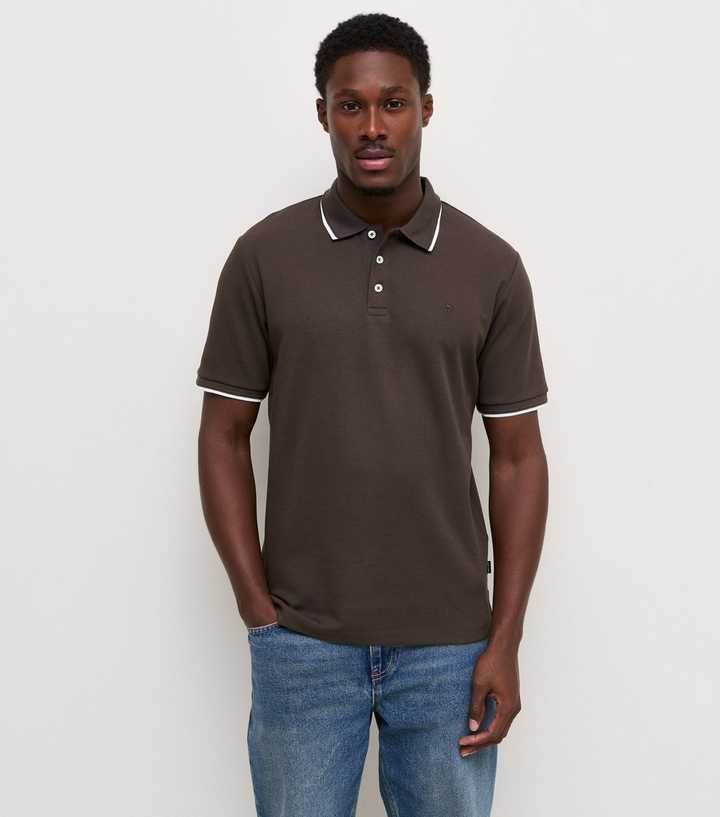 Jack & Jones Dark Brown Contrast Trim Short Sleeve Polo Shirt