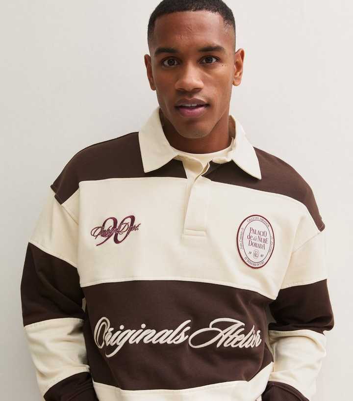 Jack & Jones Dark Brown Striped Graphic Embroidered Polo Long Sleeve Top