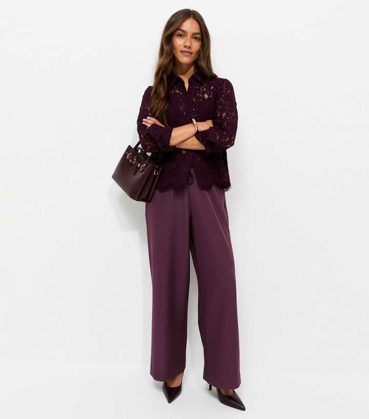 Petite Dark Burgundy Pull On Wide Leg Trousers