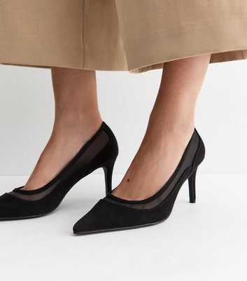 Black Faux Suede Mesh Insert Court Shoes