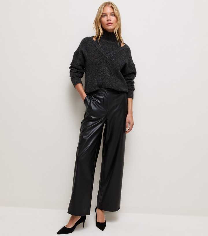 Black Faux Leather Wide Leg Trousers