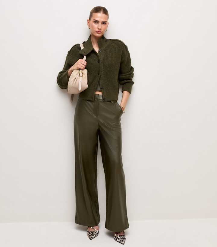 Khaki Faux Leather Wide Leg Trousers