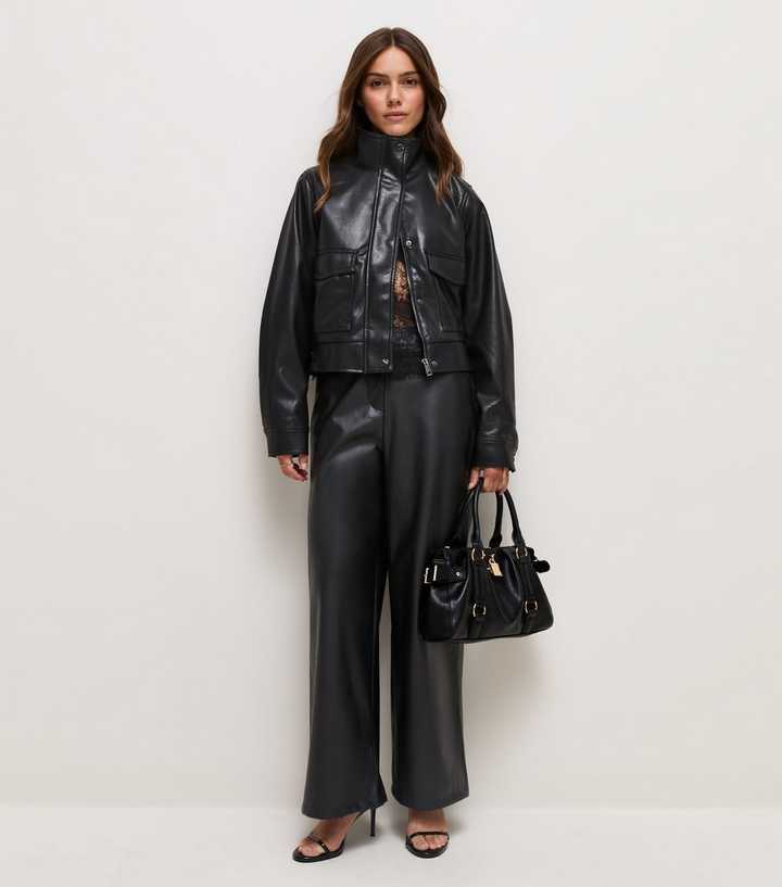 Petite Black Faux Leather Wide Leg Trousers