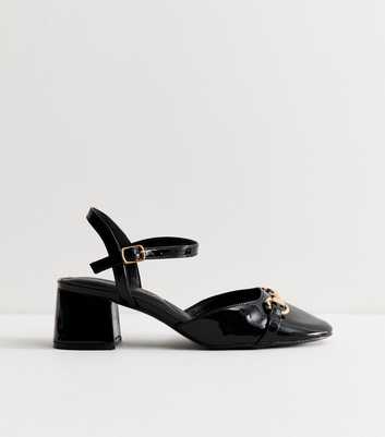 Wide Fit Black Faux Patent Leather Two Part Block Heels