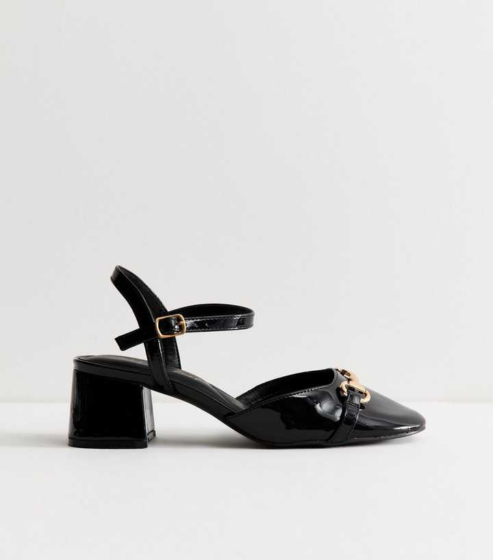 Wide Fit Black Faux Patent Leather Two Part Block Heels