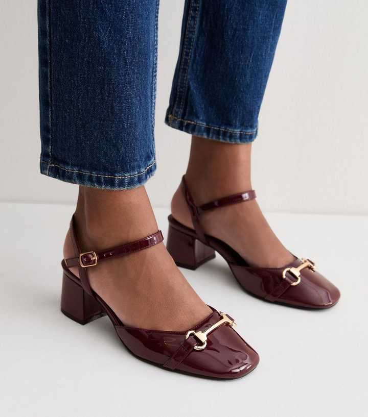 Wide Fit Dark Burgundy Patent Faux Leather Horsebit Pumps