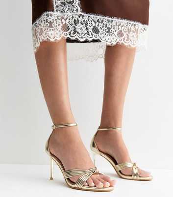 Gold Faux Leather Knotted Strap Stiletto Sandals