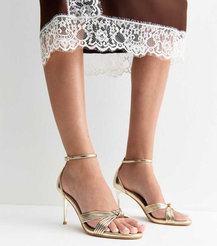 Gold Faux Leather Knotted Strap Stiletto Sandals