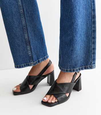 Black Faux Leather Cross Over Strap Block Heel Sandals