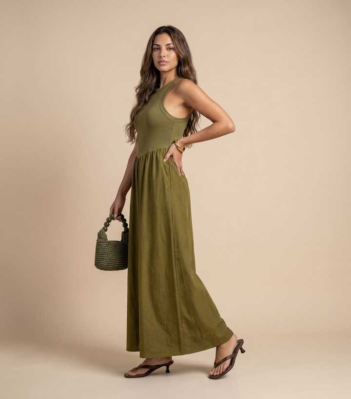Urban Bliss Light Khaki Ribbed Poplin Midi Dress | New Look