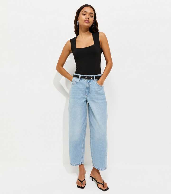 Petite Light Blue Cotton Tapered Ankle Barrel Leg Jeans