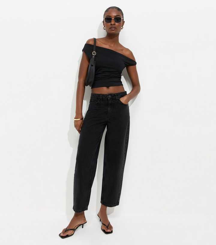Black Denim Tapered Ankle Grazer Barrel Jeans