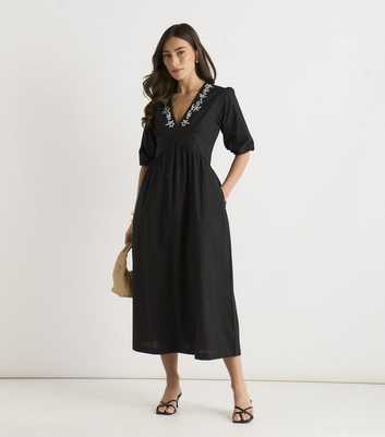 Gini London Black Puff Sleeve Floral Embroidered Midi Dress
