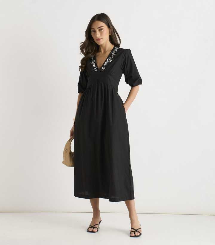 Gini London Black Puff Sleeve Floral Embroidered Midi Dress