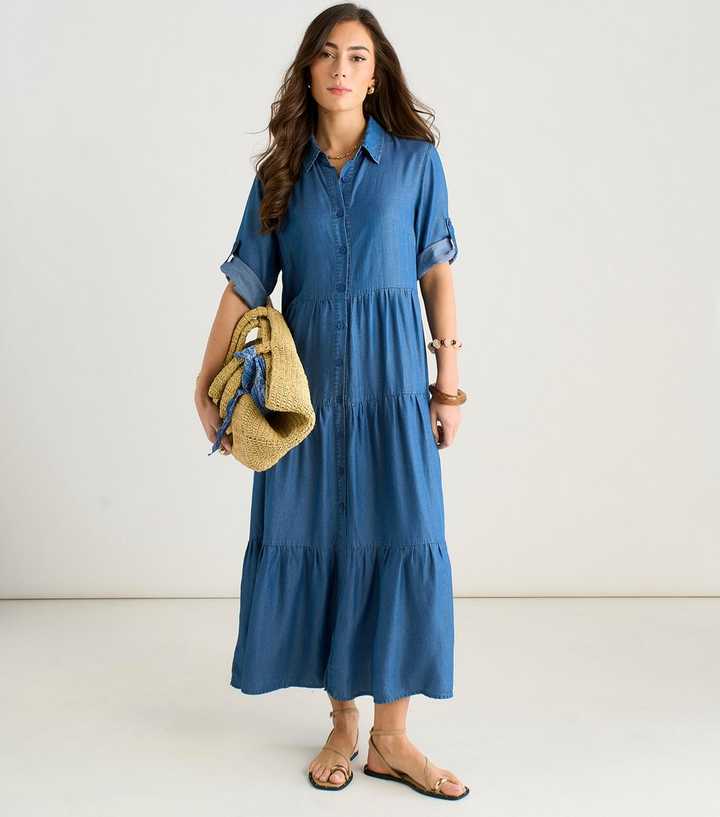 Gini London Blue Chambray Maxi Shirt Dress