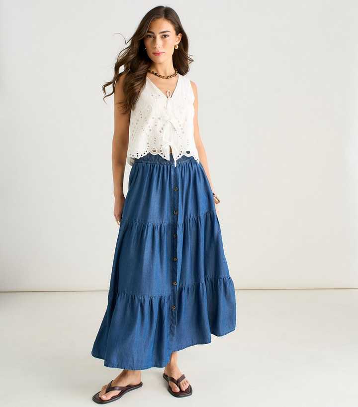 Gini London Blue Chambray Tiered Maxi Skirt