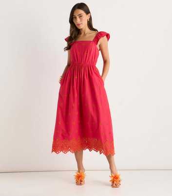 Gini London Pink Ruffle Strap Broderie Embroidered Midi Dress
