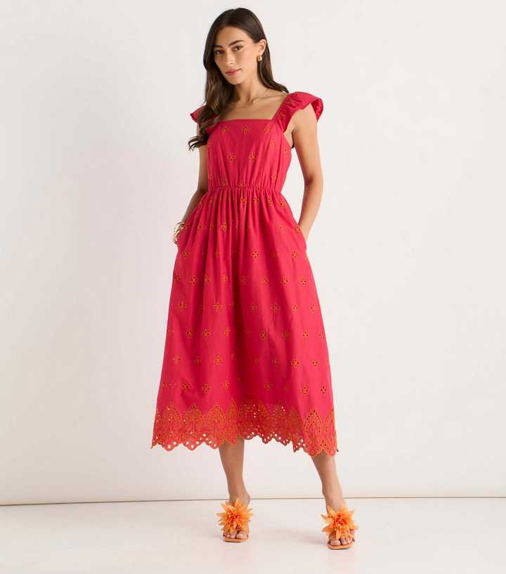 Gini London Pink Ruffle Strap Broderie Embroidered Midi Dress