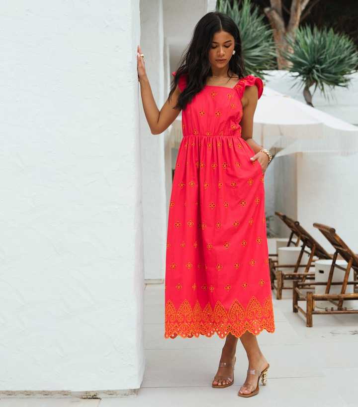 Gini London Pink Ruffle Strap Broderie Embroidered Midi Dress
