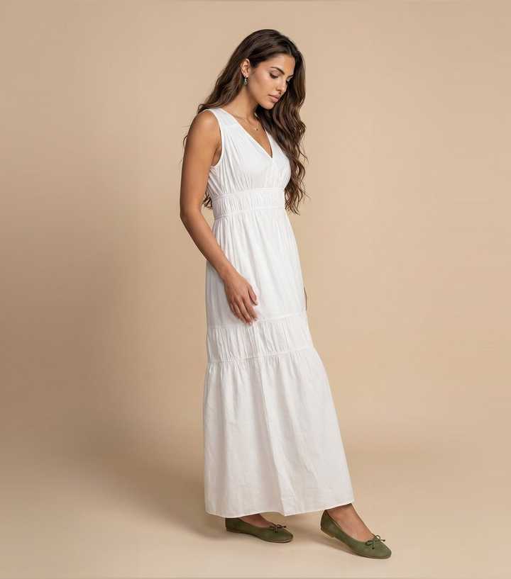 Urban Bliss White Cotton Poplin Ruched Maxi Dress