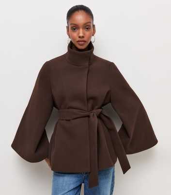 Dark Brown Wide Sleeve Belted Cape Jacket