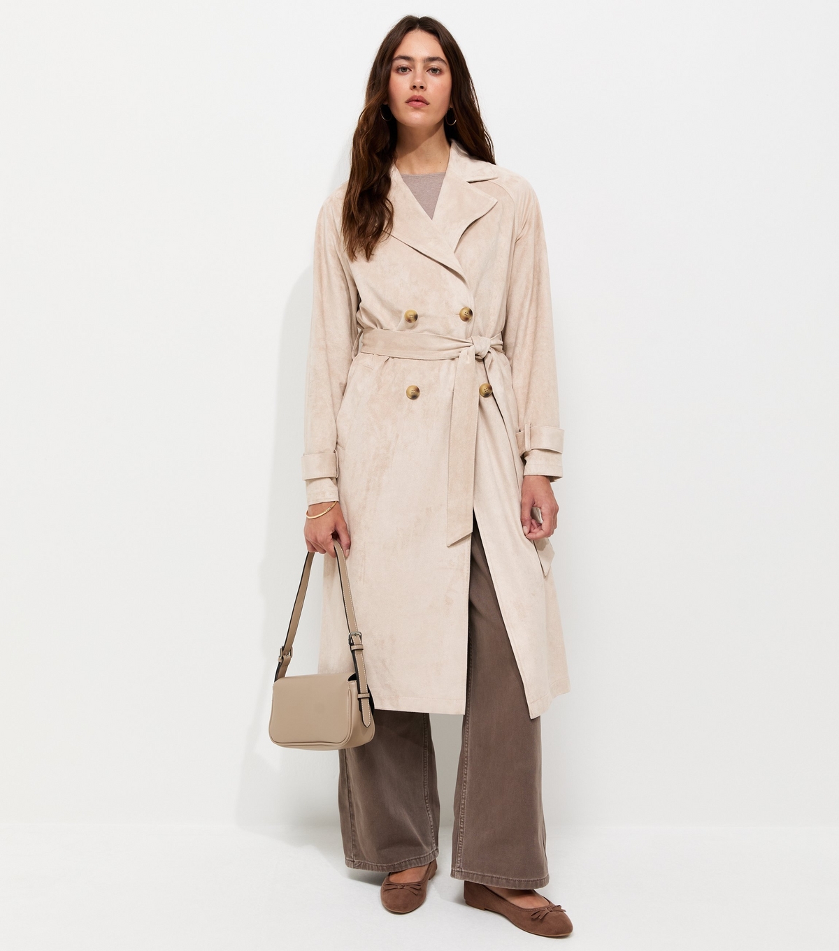 Women's Stone Faux Suede Double Breasted Trench Coat New Look