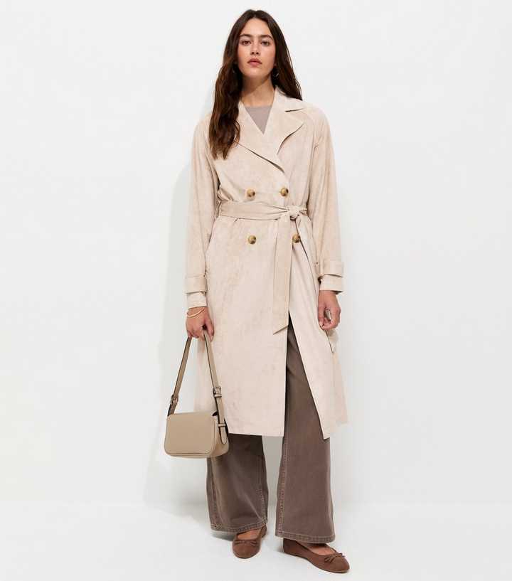 Stone Faux Suede Double Breasted Trench Coat