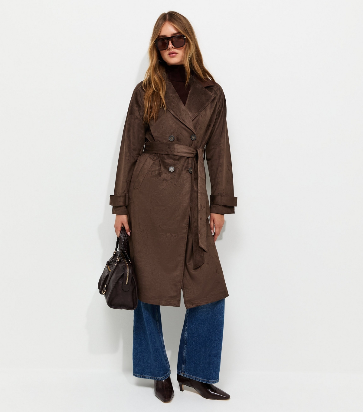 Women's Dark Brown Faux Suede Double Breasted Trench Coat New Look