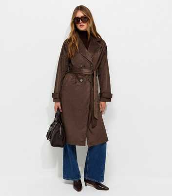 Dark Brown Faux Suede Double Breasted Trench Coat