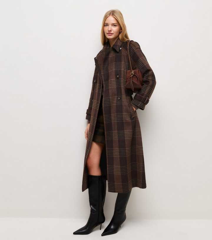 Brown Check Belted Funnel Neck Mac Coat