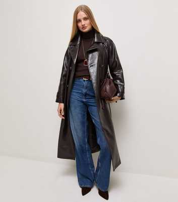 Dark Burgundy Faux Leather Crocodile Texture Longline Trench Coat
