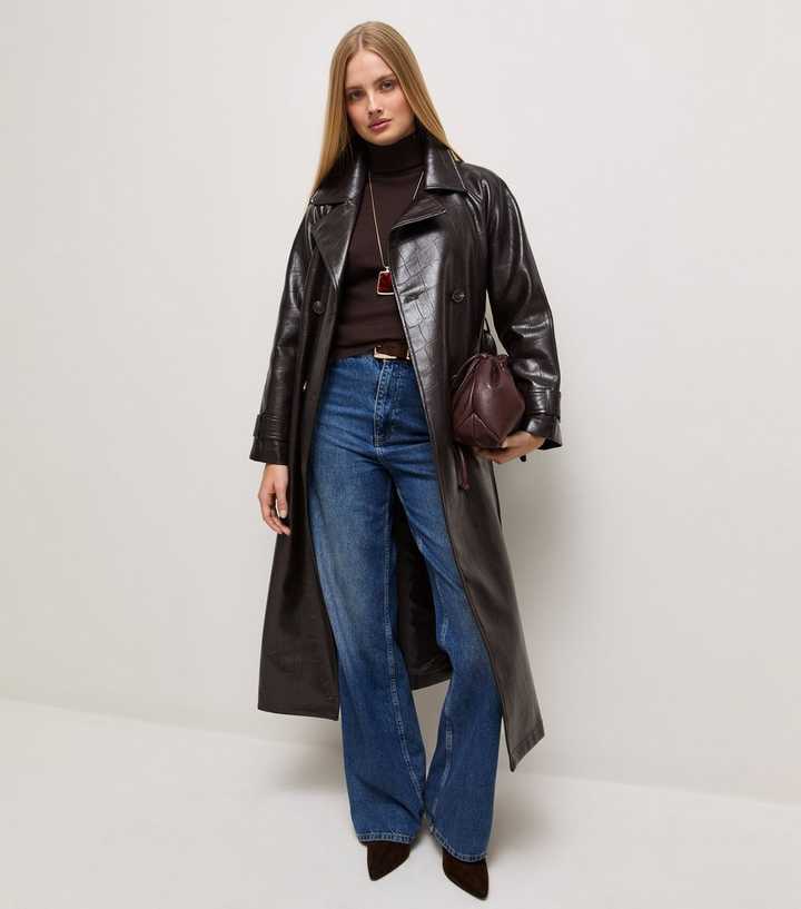 Dark Burgundy Faux Leather Crocodile Texture Longline Trench Coat