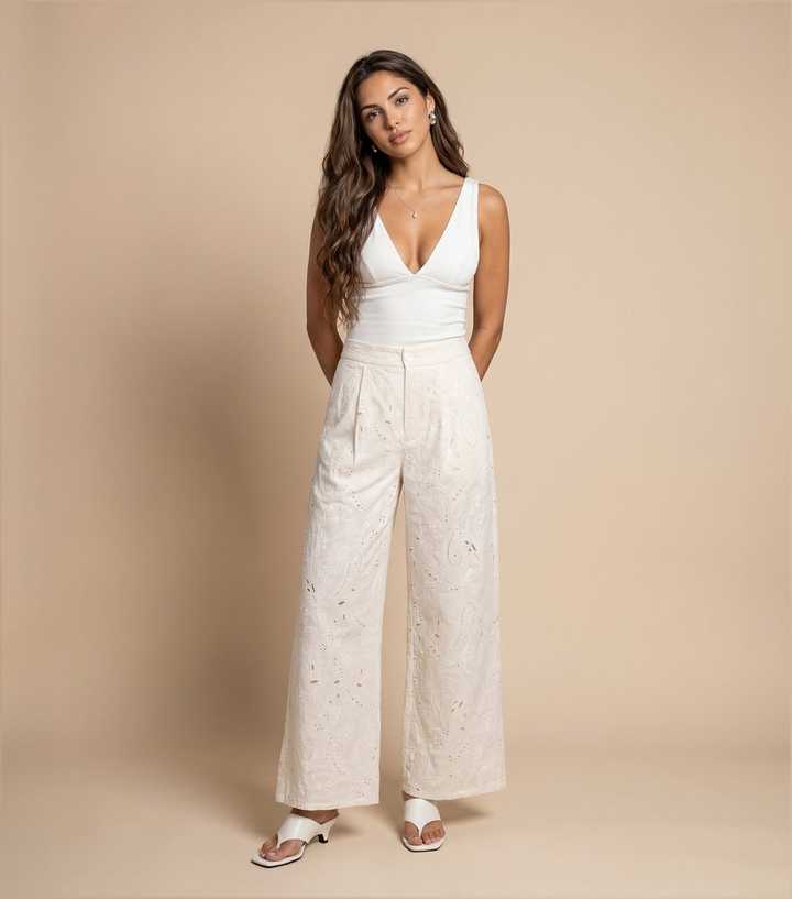 Urban Bliss Cream Cotton Embroidered Tailored Trousers