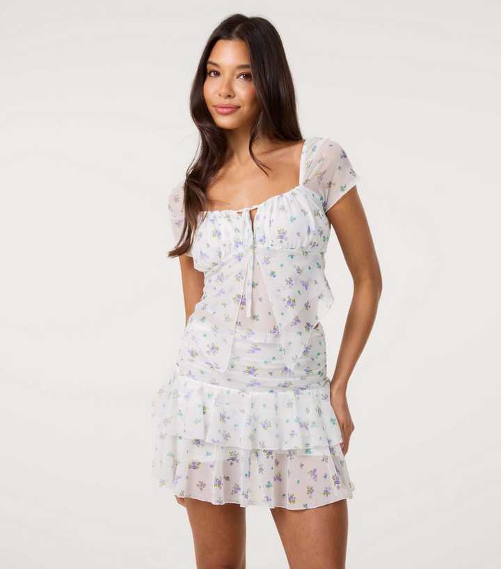 Pink Vanilla Off White Floral Print Mesh Top