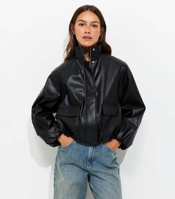 Petite Black Faux Leather Funnel Neck Flap Pocket Jacket
