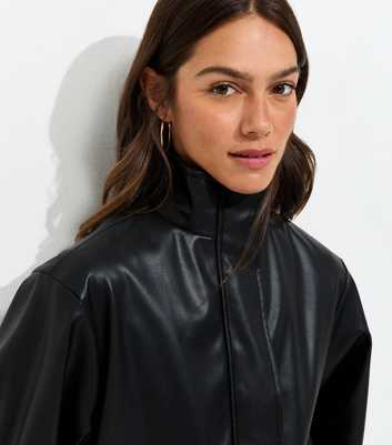 Petite Black Faux Leather Funnel Neck Flap Pocket Jacket