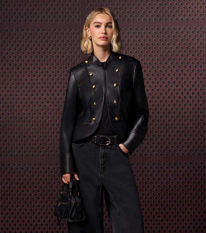 Black Faux Leather Button Detail Fitted Jacket