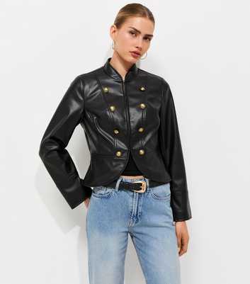 Black Faux Leather Button Detail Fitted Jacket