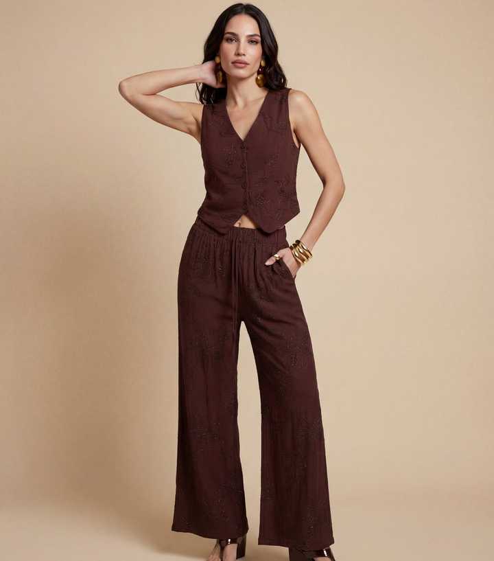 Urban Bliss Brown Floral Embellished Wide Leg Trousers