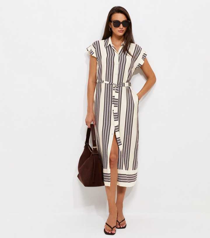 White Striped Short Sleeve Midi Shirt Dress