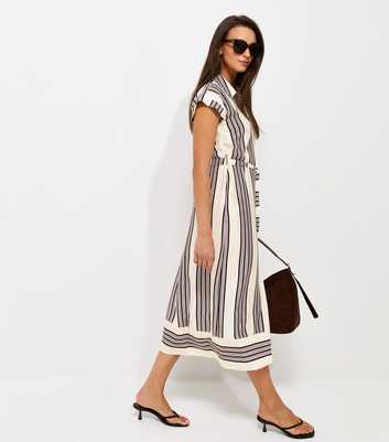 White Striped Short Sleeve Midi Shirt Dress