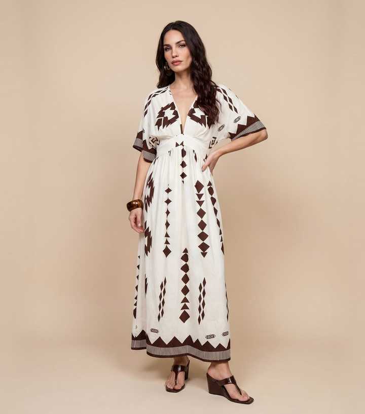 Urban Bliss Brown Geometric Print Angel Sleeve Maxi Dress
