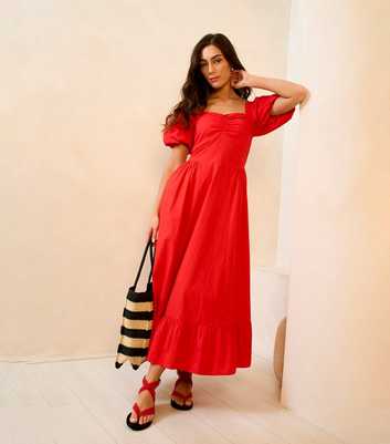 Gini London Bright Red Puff Sleeves Midi Dress